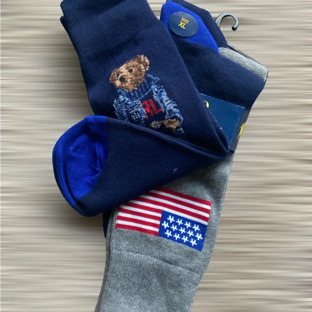 Polo by Ralph Lauren Sz. XL US Flag & RL Bear logo Socks-2 Pair. NWOT